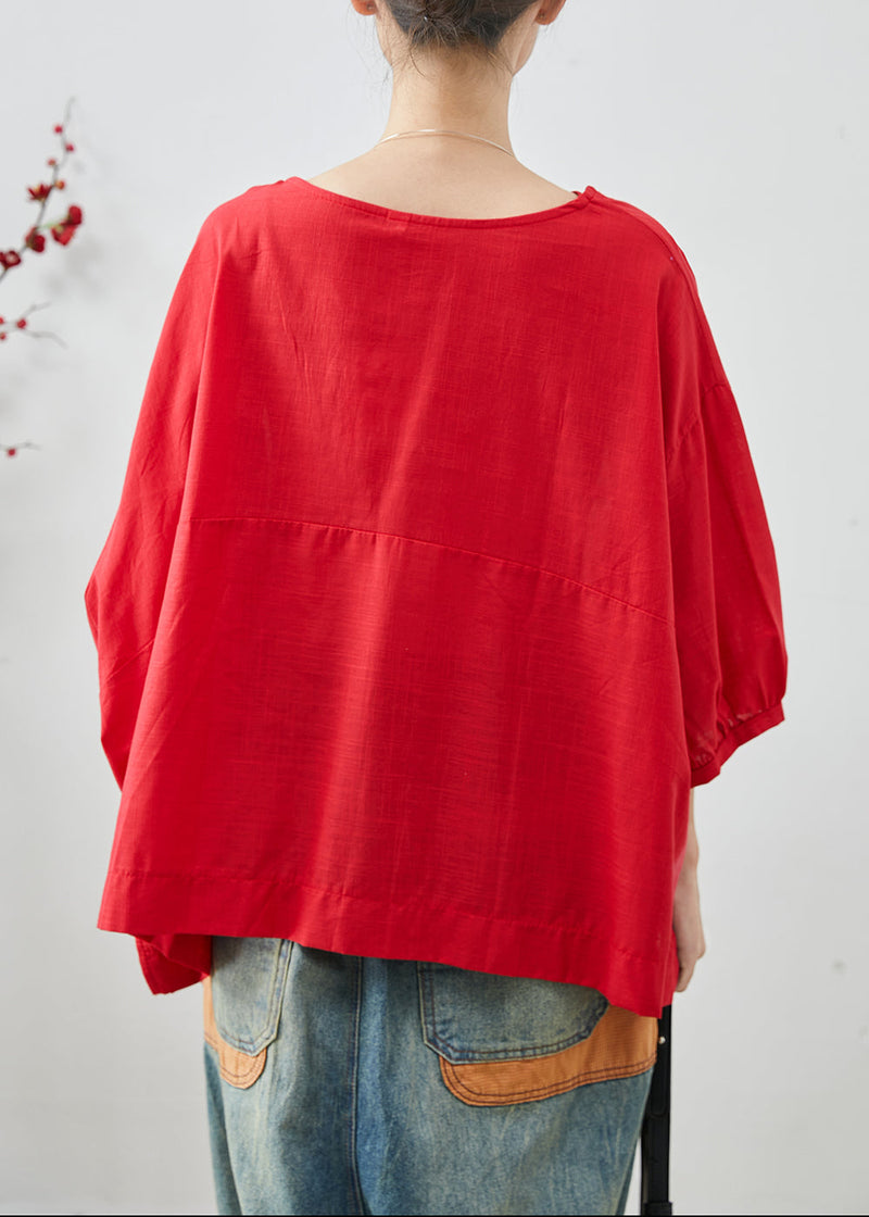 Red Oversized Cotton Shirt Tops Bracelet Sleeve