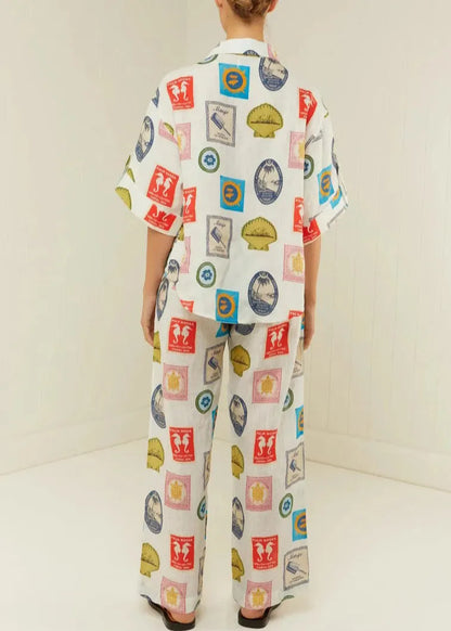 Peter Pan Collar Print Tops and Pants Two Piece Set Outfits Summer