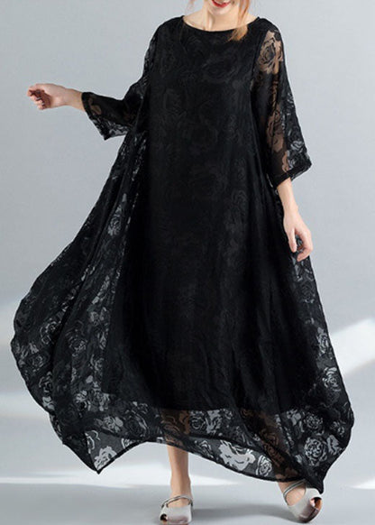 Black O-neck Embroideried Lace Long Dress Bracelet Sleeve