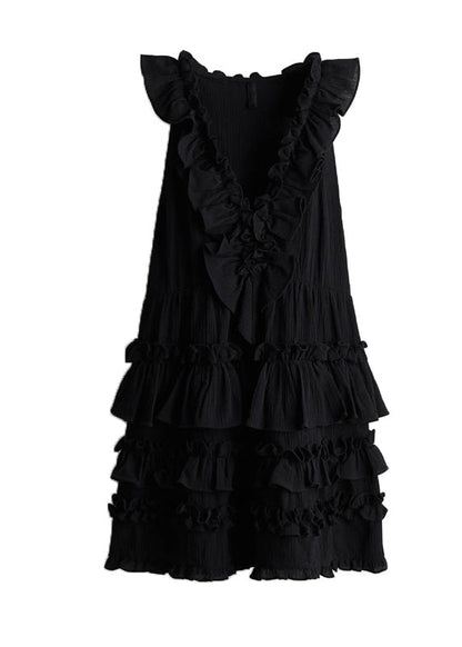 Black V Neck Ruffled Patchwork Cotton Dress Sleeveless