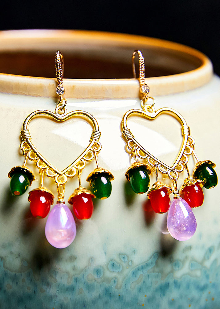 Multicolour Beads Heart-shaped Tassels Drop Earrings