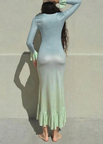 Blue Ruffled Asymmetrical Patchwork Slim Fit Long Dress Flare Sleeve