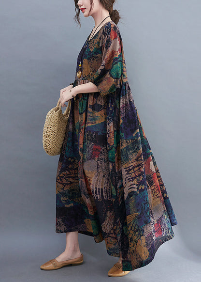 Original Design O-neck Wrinkled Print Loose Long Dress Short Sleeve