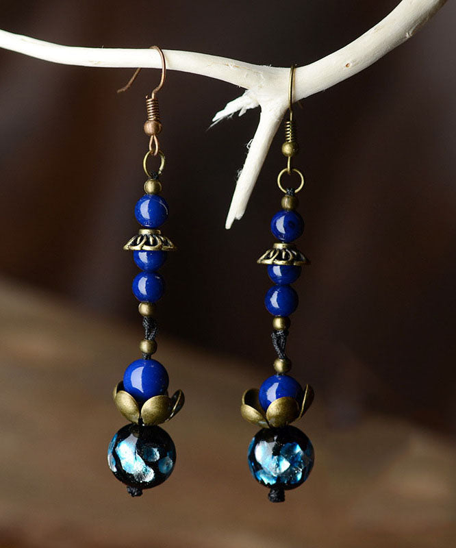 Royal Blue Lotus Gem Stone Copper Drop Earrings