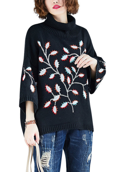 Black Hign Neck Embroideried Knit Short Sweater Spring