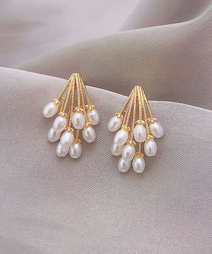 Gold Alloy Pearl Grape Tassel Drop Earrings