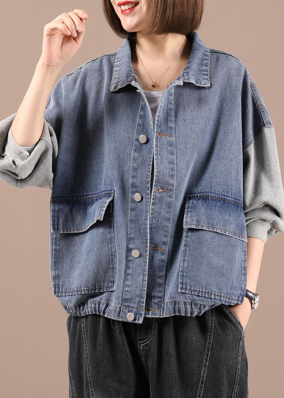 Black Patchwork Pockets Fall Denim Jackets Long Sleeve