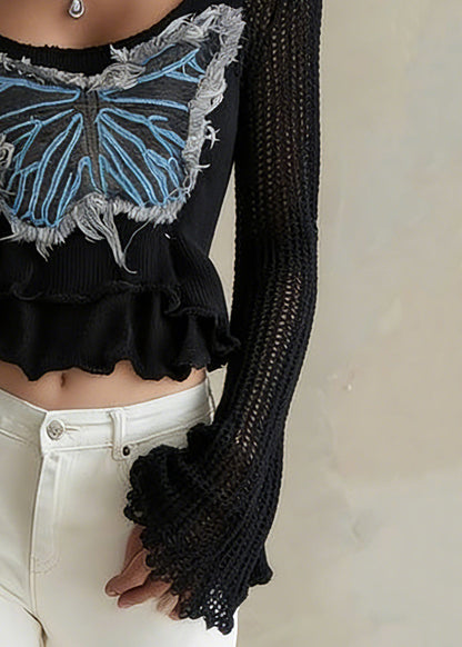 Black O-neck Butterfly Knit Sweater Flare Sleeve