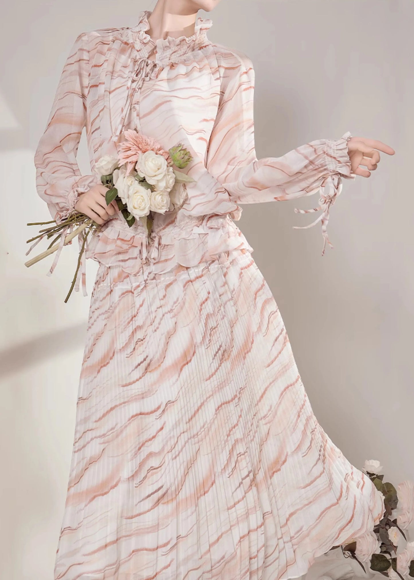 Ruffled Striped Chiffon Shirts and Maxi Skirts Two-piece Set Fall