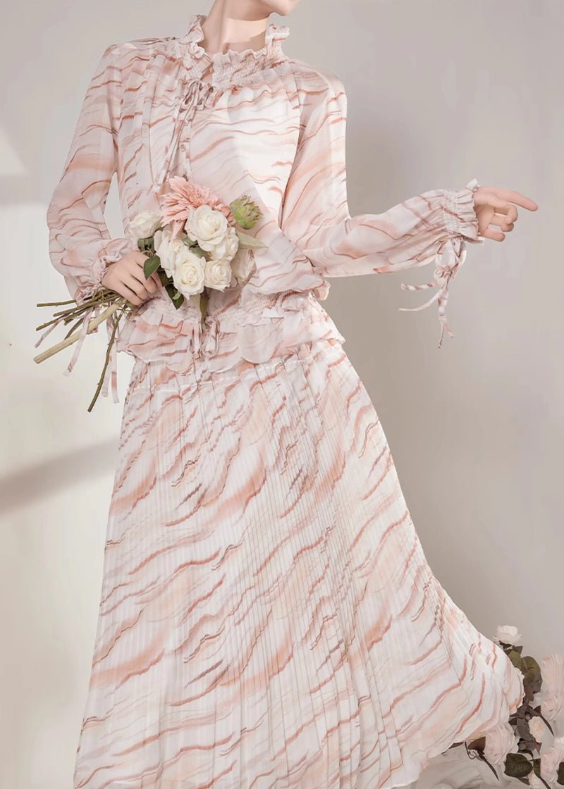 Ruffled Striped Chiffon Shirts and Maxi Skirts Two-piece Set Fall