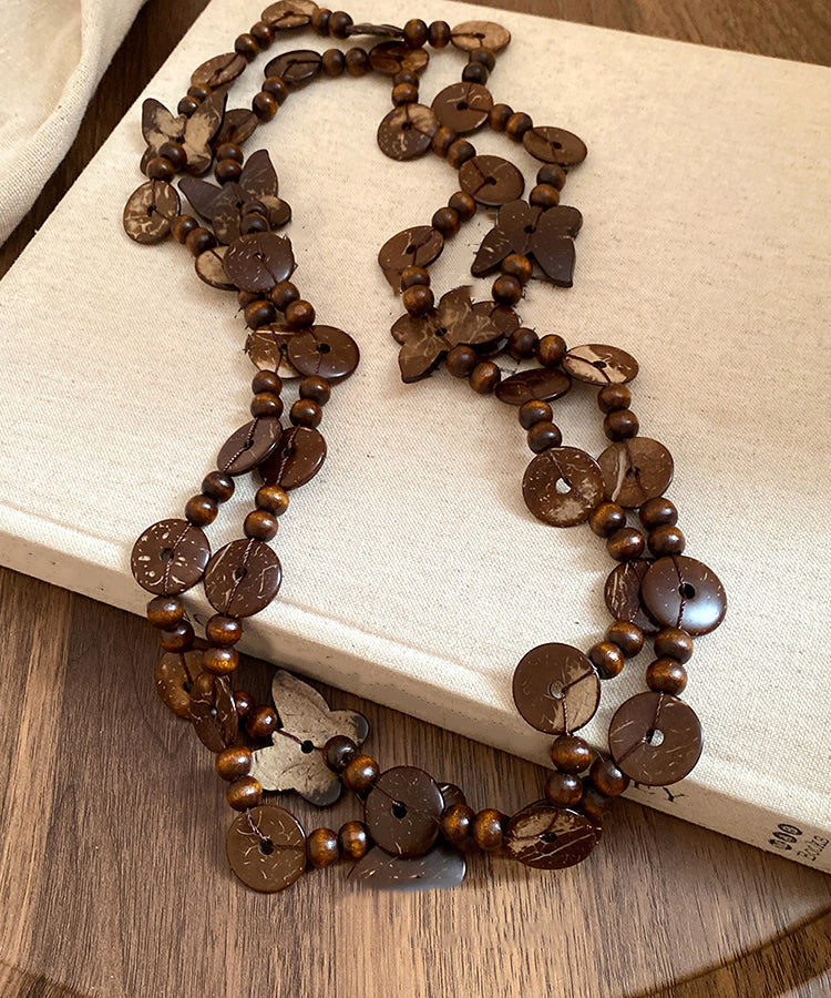 Coffee Wooden Coconut Shell Beading Sweater Gratuated Bead Necklace