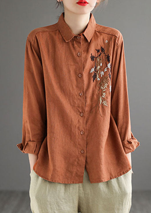 Caramel Peter Pan Collar Button Linen Shirt Long Sleeve