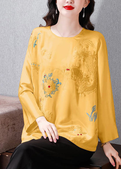 Yellow Embroidered Silk Blouse Tops Spring