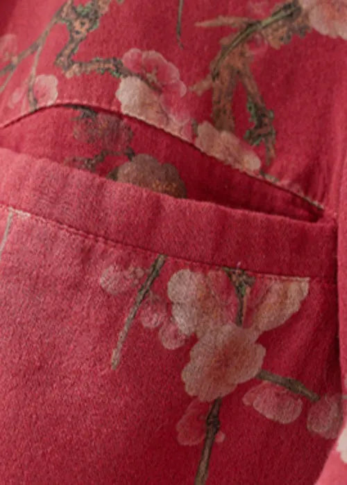Red Pockets Print Lace Up Fine Cotton Filled Coat Spring