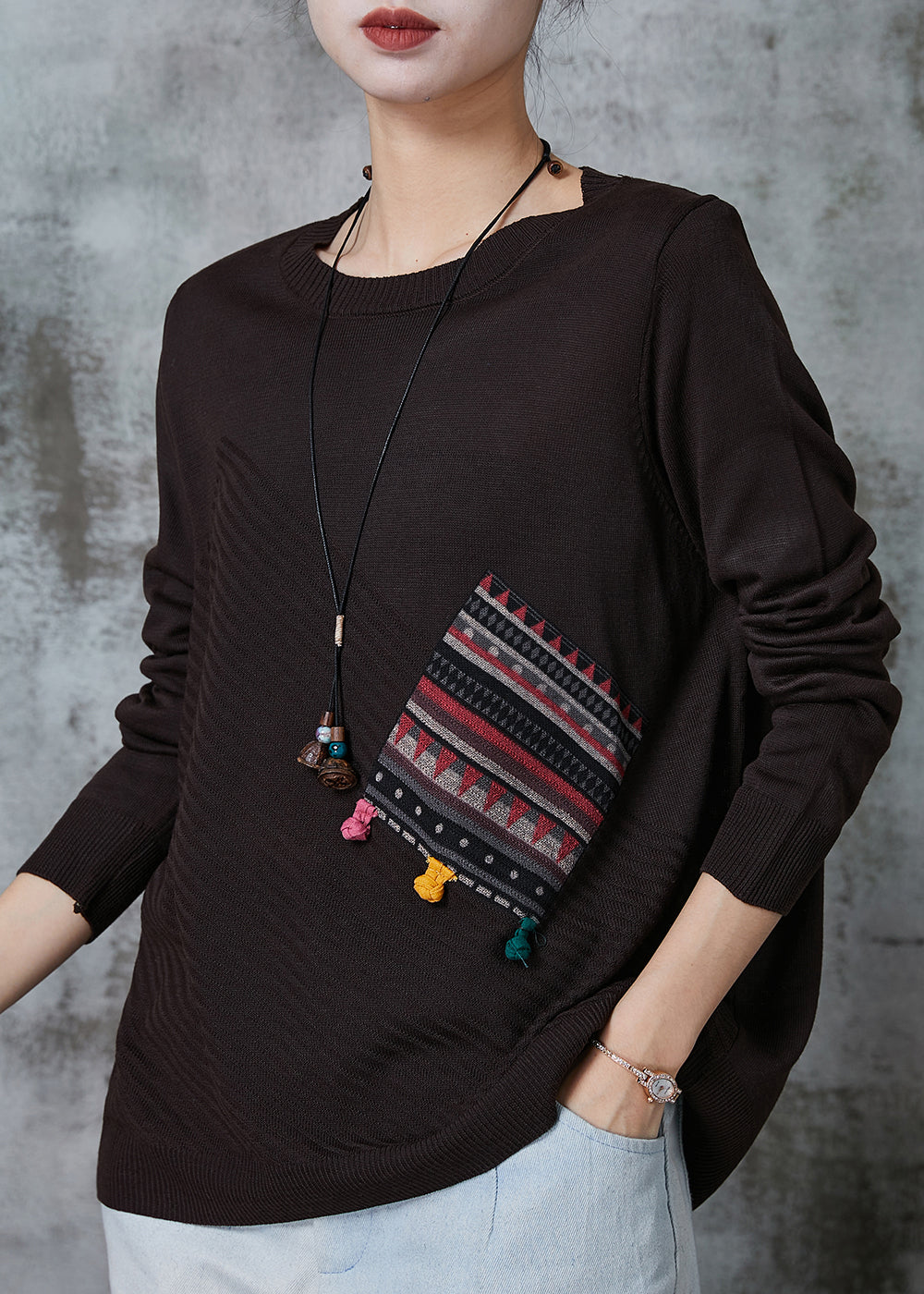 Chocolate Patchwork Knit Loose Sweaters O-neck Spring