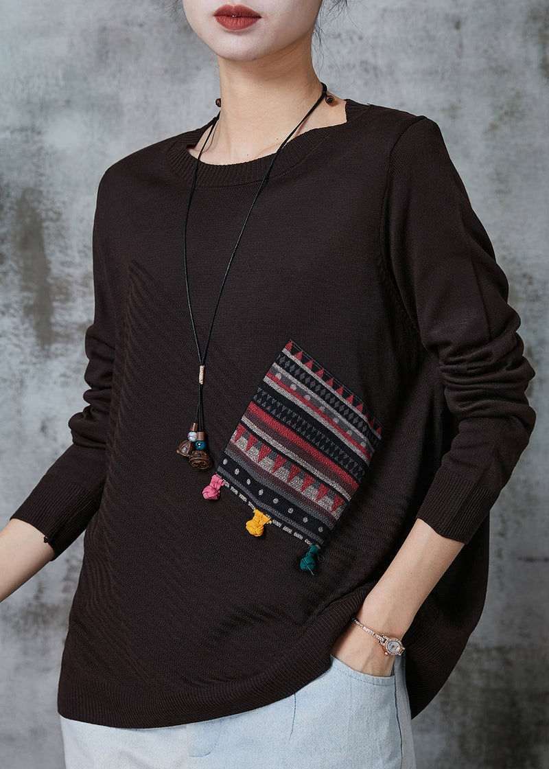 Chocolate Patchwork Knit Loose Sweaters O-neck Spring