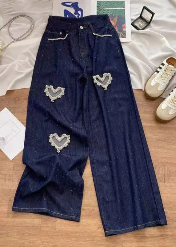 Denim Blue High Waist Patchwork Love Hole Wide Leg Jeans