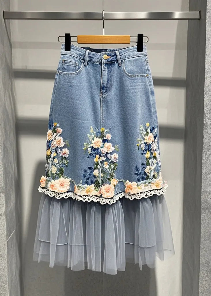 Blue Flower Patchwork Tulle Denim Skirts Fall