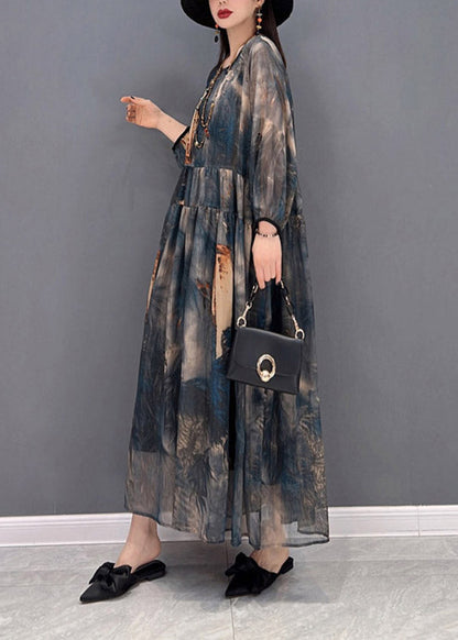 O-neck Print Tulle Patchwork Wrinkled Chiffon Dresses Long Sleeve