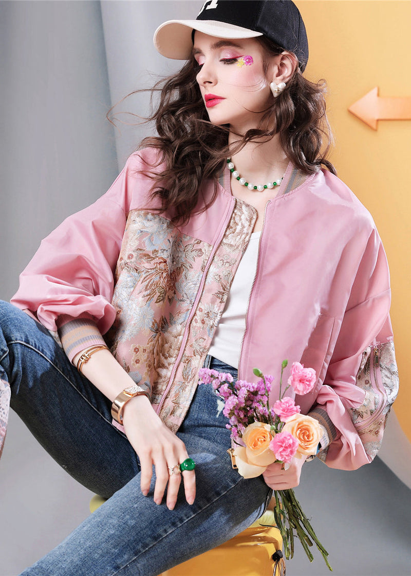 Stylish Pink Pockets Print Patchwork Jackets Fall