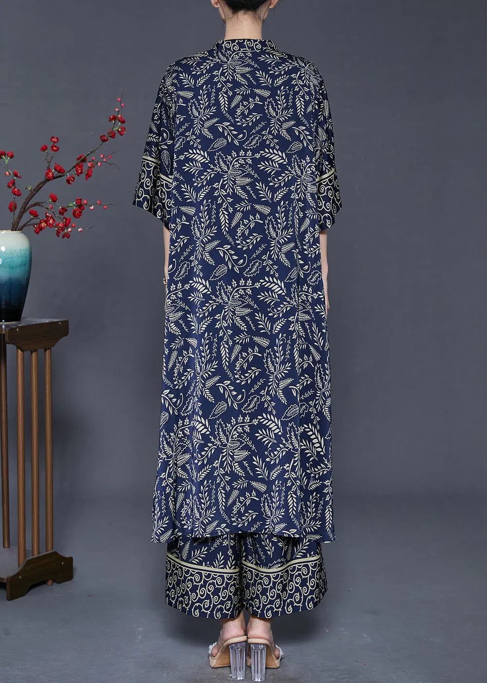 Navy Print Silk Two Piece Set Clothing Oversized Summer