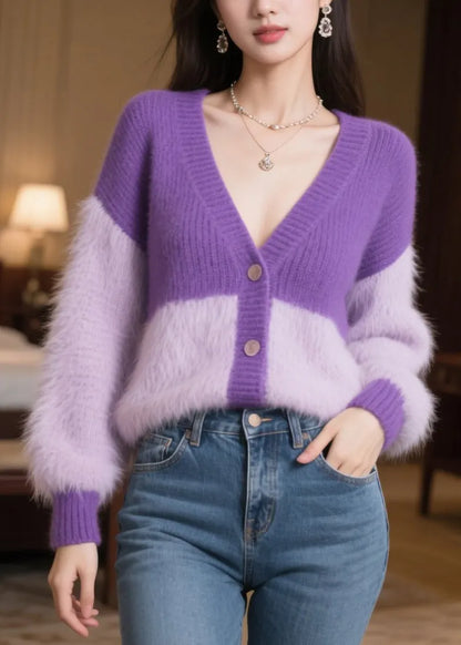 Purple Oversized Patchwork Knit Loose Coats Winter