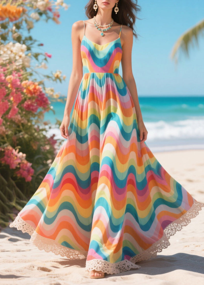 Rainbow Striped Chiffon Holiday Dress Summer