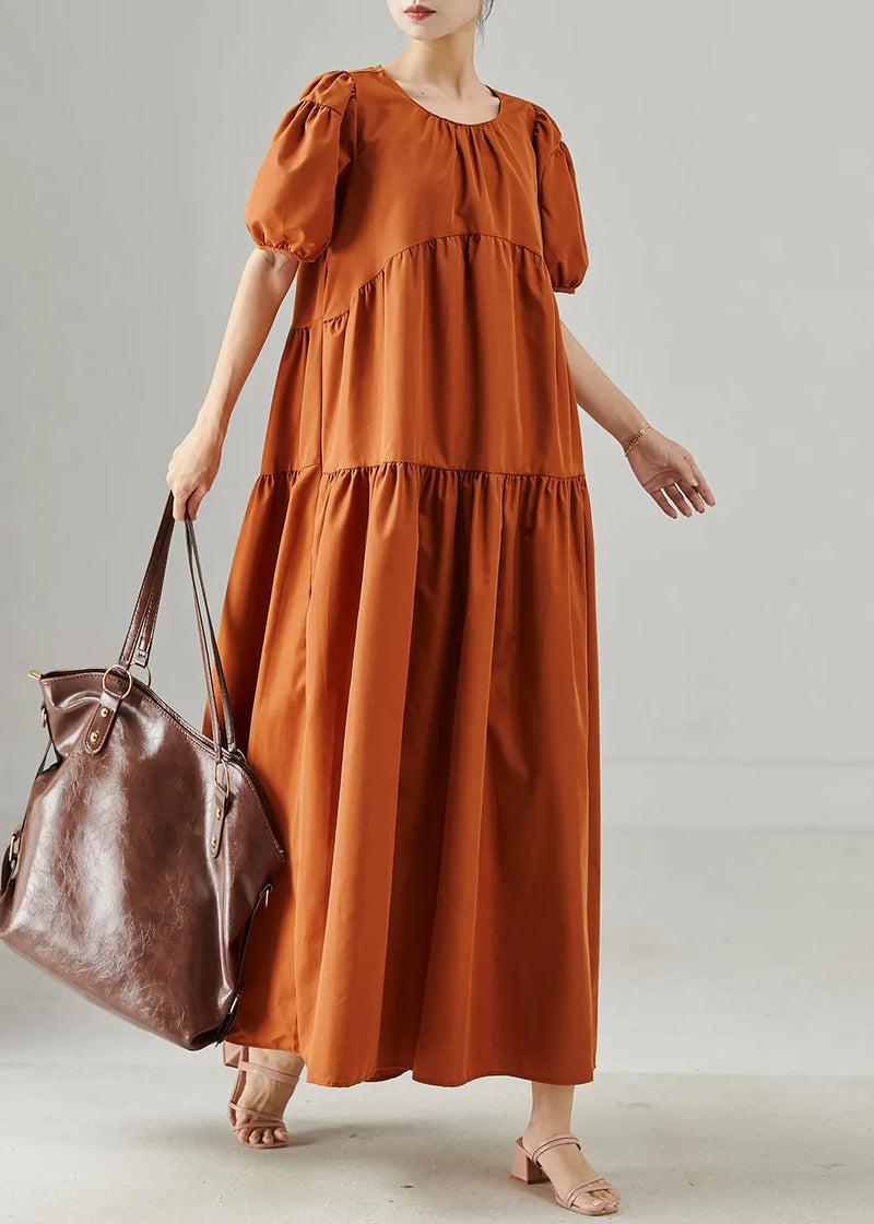 Caramel Oversized Patchwork Cotton Long Dresses Puff Sleeve