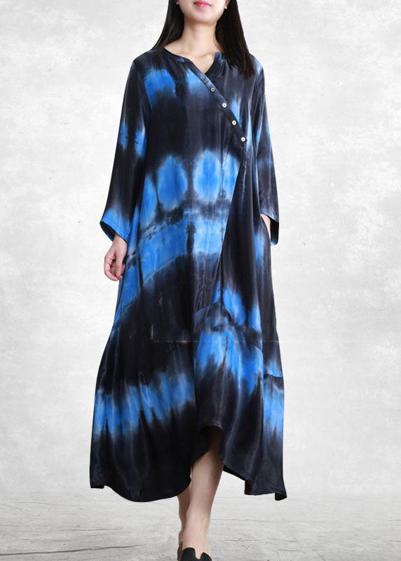 French Black Blue Gradient Color V Neck Asymmetrical Pockets Long Dress Long Sleeve