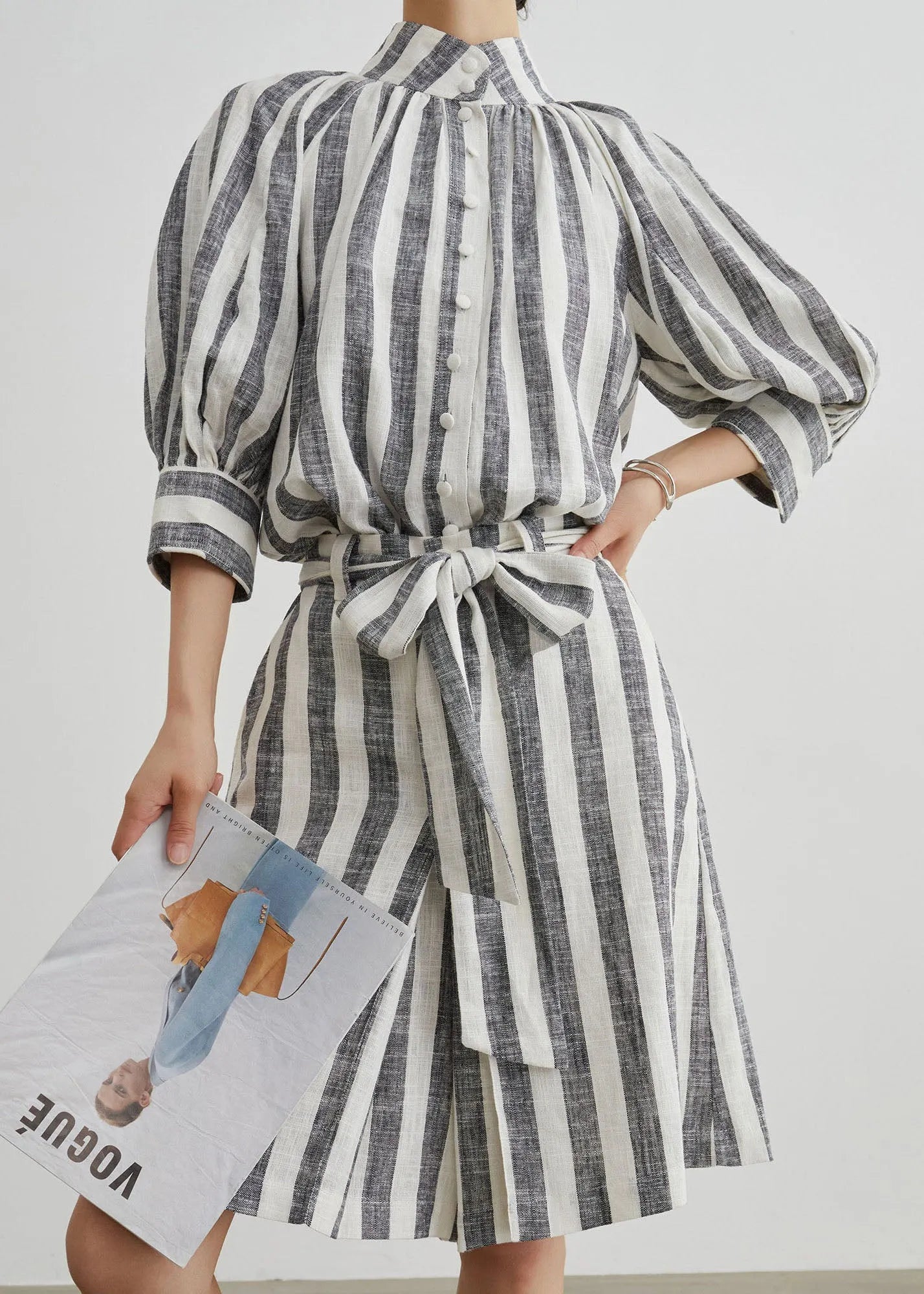 Stylish Grey Stand Collar Striped Cotton Two Pieces Set Summer