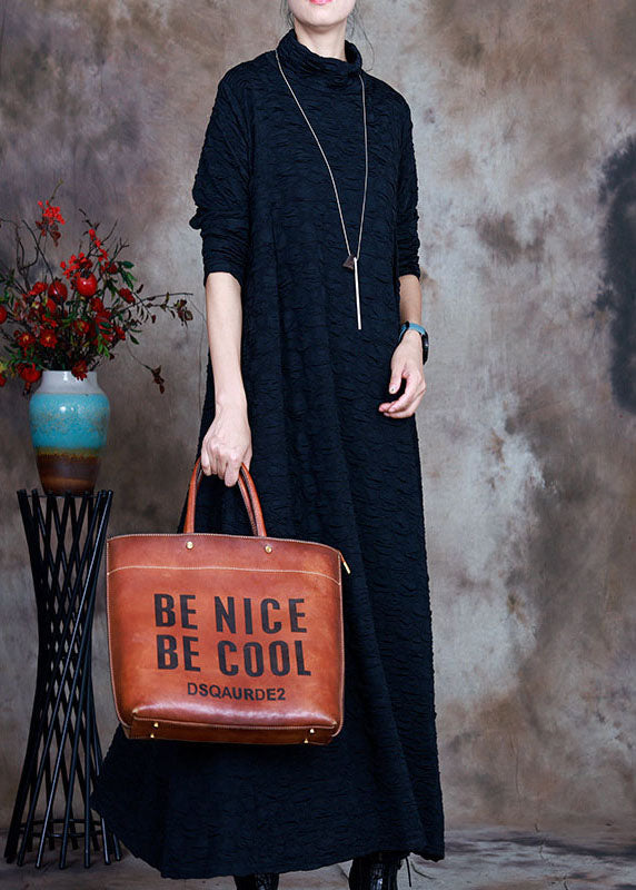 French Navy Turtleneck Circle Asymmetrical Design Fall Long Sleeve Long Dresses