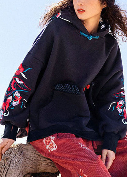 Diy Black Embroideried Pockets Warm Fleece Pullover Spring