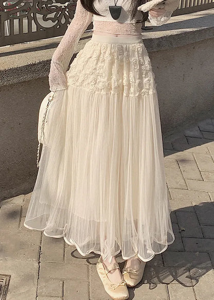 Beige Elastic Waist Tulle Skirt Summer