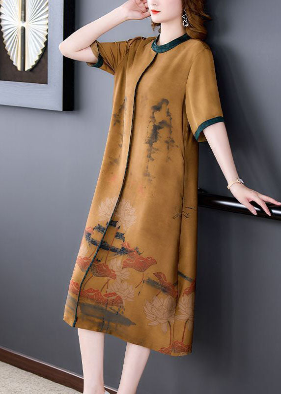 Coffee O-neck Patchwork Silk Long Dress Summer