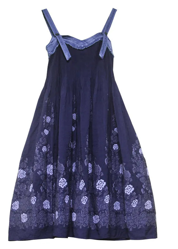Fitted Navy Spaghetti Strap Print Patchwork Strapless Long Dress Summer