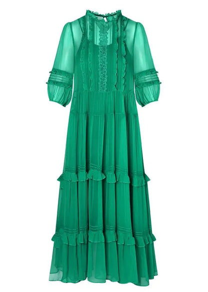 Art Green O-neck Ruffled Patchwork Silk Two-piece Set Dress Summer