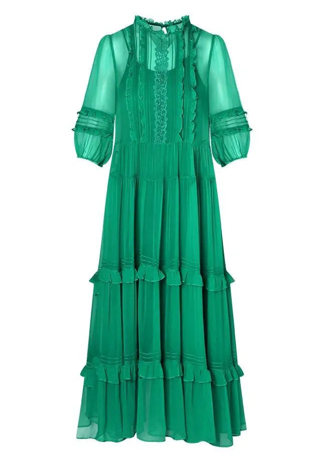 Art Green O-neck Ruffled Patchwork Silk Two-piece Set Dress Summer
