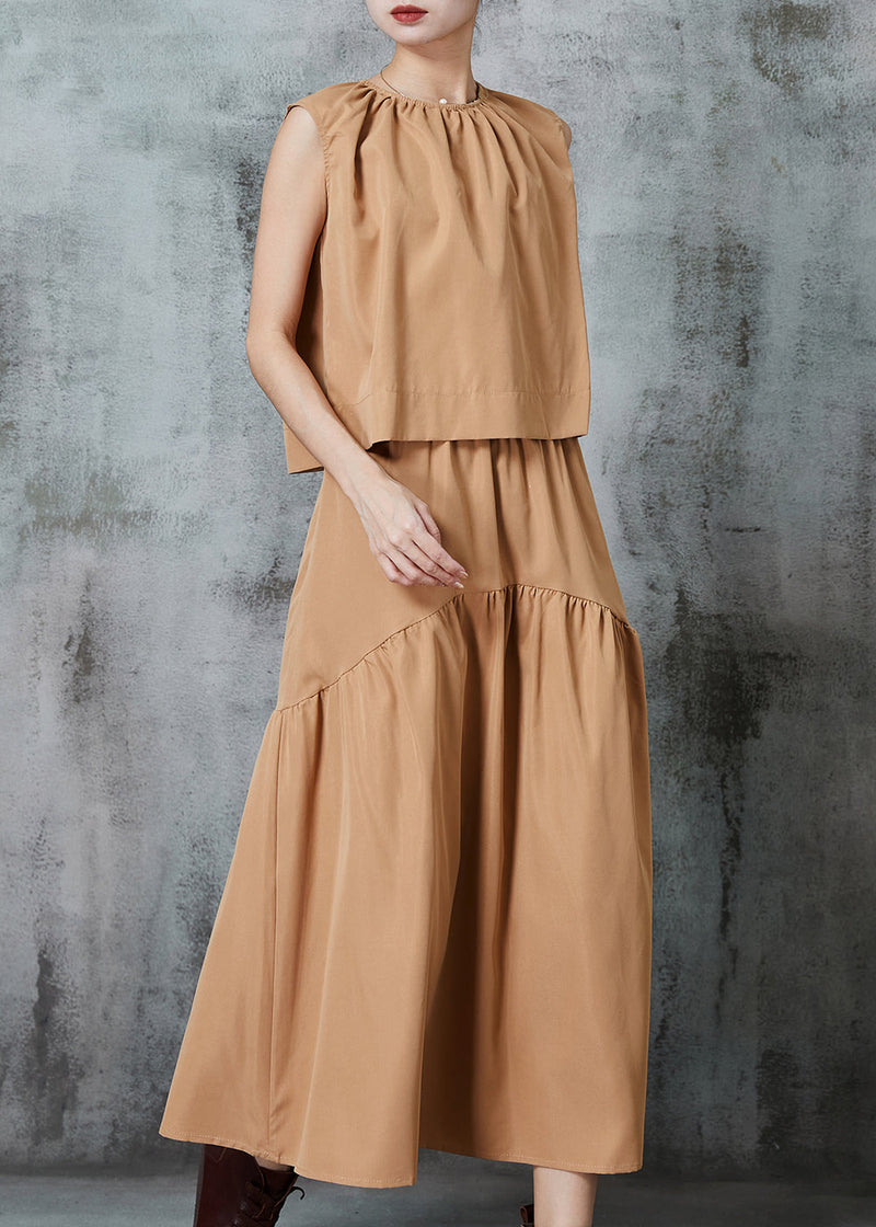 Khaki Patchwork Silm Fit Cotton Two Pieces Set Summer
