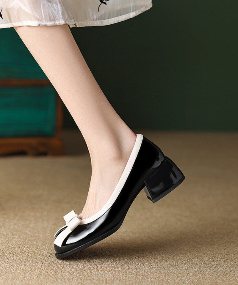 Classy Black Bow Splicing Chunky Shoes Faux Leather