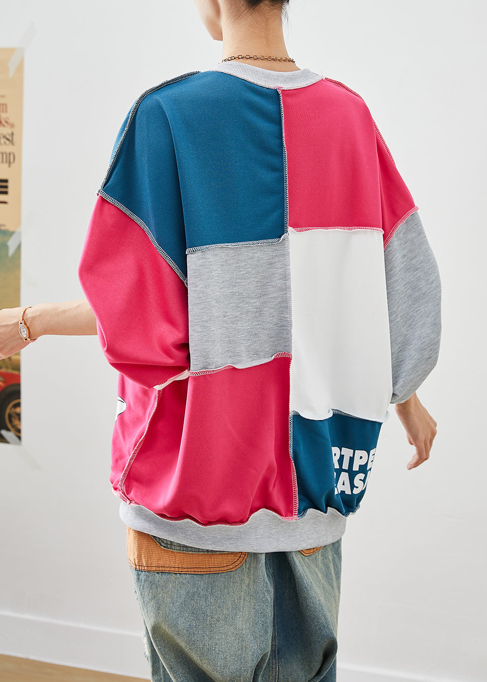 Colorblock Oversized Patchwork Rabbit Print Cotton Sweatshirt Fall
