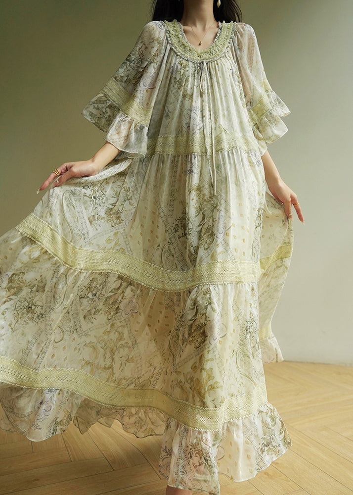 Light Green Ruffled Print Wrinkled Maxi Dress Short Sleeve