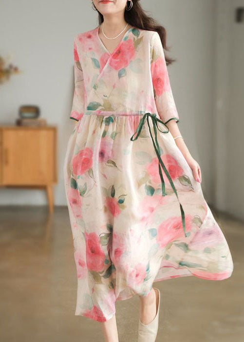 Loose Pink O-neck Print Pocket Linen Long Dress Short Sleeve