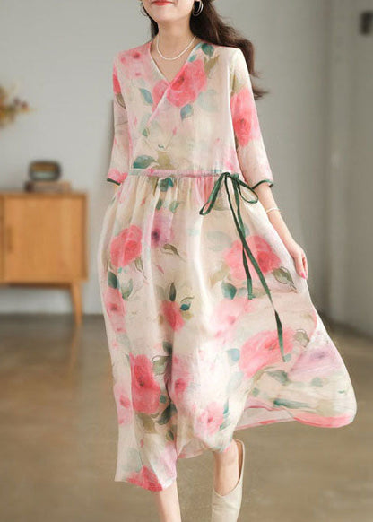 Loose Pink O-neck Print Pocket Linen Long Dress Short Sleeve