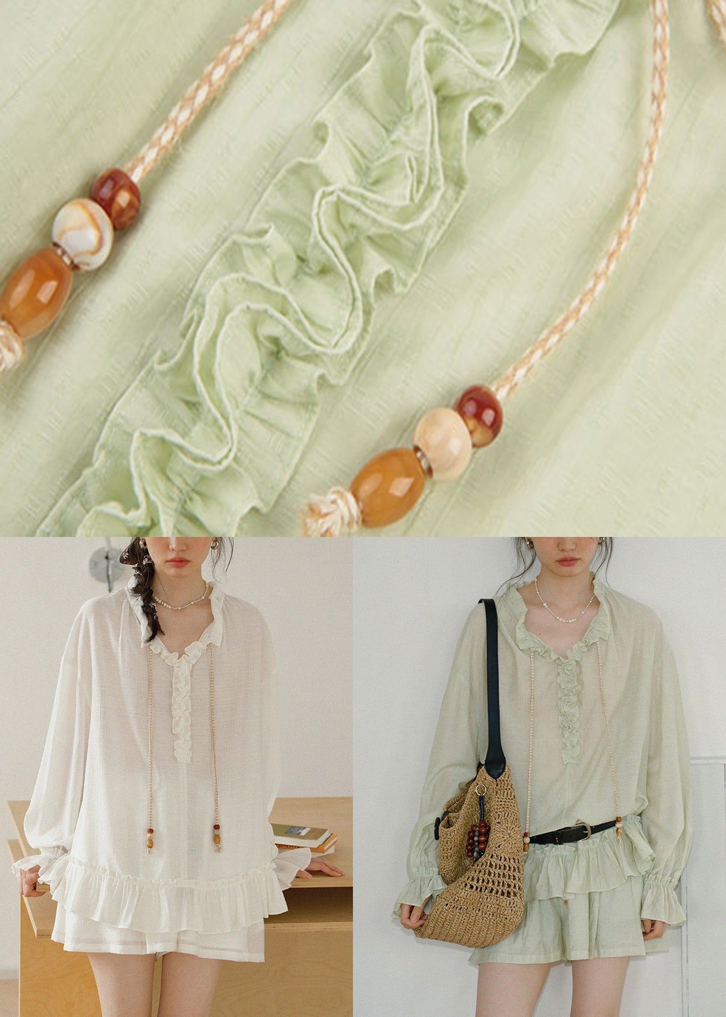 Loose White Ruffled Lace Upcotton Two Pieces Set Butterfly Sleeve