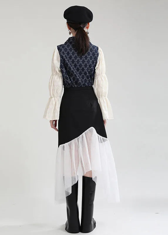 Black Asymmetrical Tulle Patchwork Spandex Skirts