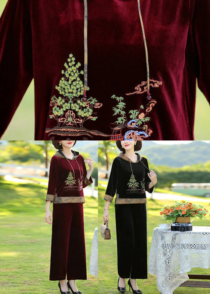 Wine Red Drawstring Silk Velour Pullover and Wide Leg Pants Two Pieces Set Long Sleeve