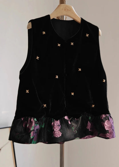 Black O-neck Patchwork Silk Velour Waistcoat Sleeveless