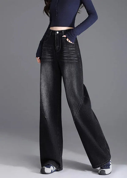 Unique Black Pockets Patchwork Denim Pants Spring