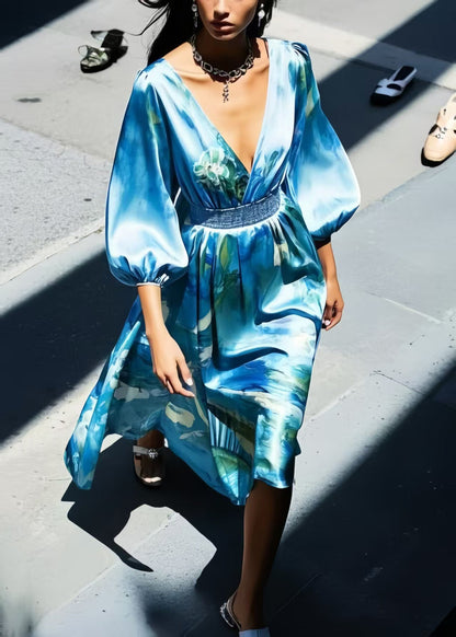 Blue Print Silk Tunic Dress Bracelet Sleeve