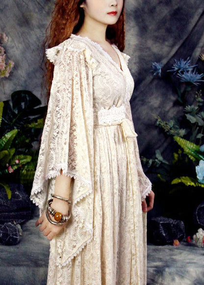 Apricot V Neck Hollow Out Lace Vacation Cinch Dresses Spring